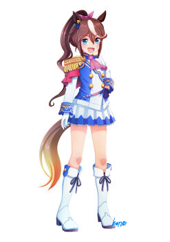 Rule 34 | 1girl, absurdres, animal ears, ascot, asymmetrical gloves, black gloves, blue eyes, blush, boots, bow, brown hair, buttons, cape, commentary request, double-breasted, ear bow, ear ornament, ear ribbon, epaulettes, full body, gloves, hair between eyes, high ponytail, highres, horse ears, horse girl, horse tail, jacket, konsu (konsu1182da), long hair, long sleeves, looking at viewer, mismatched gloves, multicolored hair, multicolored jacket, open mouth, pink ascot, ponytail, red cape, simple background, single epaulette, skirt, smile, solo, streaked hair, tail, tokai teio (peak joy) (umamusume), tokai teio (umamusume), two-tone hair, two-tone jacket, two-tone skirt, umamusume, white background, white boots, white gloves, white hair, white jacket, white skirt