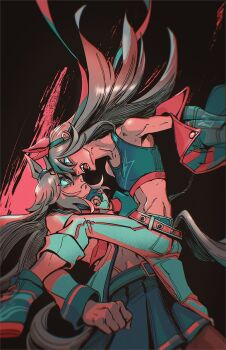 2girls ahoge animal_ears bare_shoulders belt blue_boots blue_eyes blue_hairband blue_jacket blue_sailor_collar blue_skirt blue_sports_bra boots brooch closed_mouth crop_top ear_covers ear_ornament grey_hair grey_tail hair_between_eyes hair_ornament hairband halveablock headband highres horse_ears horse_girl horse_tail jacket jewelry lightning_bolt_print lightning_bolt_symbol long_hair long_sleeves looking_at_another midriff multicolored_hair multiple_girls navel neckerchief oguri_cap_(starlight_beat)_(umamusume) oguri_cap_(umamusume) open_mouth pants pantyhose red_belt red_headband red_neckerchief sailor_collar shirt skirt sports_bra star_brooch stomach striped_clothes striped_hairband tail tamamo_cross_(umamusume) tamamo_cross_(with_lightning_speed)_(umamusume) teeth umamusume umamusume:_cinderella_gray very_long_hair white_jacket white_pants white_shirt