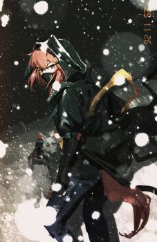 1girl absurdres animal_ear_hood animal_ears arknights black_gloves black_jacket black_mask black_pants commentary crownslayer_(arknights) dated elbow_gloves fake_animal_ears feet_out_of_frame fingerless_gloves from_behind gloves hair_between_eyes hair_ornament hairclip highres hood hood_up hooded_jacket hyena hyena_ears hyena_girl hyena_tail jacket juhuacha looking_at_viewer looking_back mask medium_hair mouth_mask night ninja_mask outdoors pants red_eyes red_hair red_tail ribbon sidelocks snow snowing solo standing tail yellow_ribbon