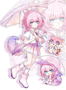 Rule 34 | 1girl, absurdres, aged down, alternate costume, blue eyes, boots, chimera (honkai: star rail), chinese commentary, commentary request, cyrene (aedes elysiae) (honkai: star rail), cyrene (honkai: star rail), hair ornament, highres, holding, holding umbrella, honkai: star rail, honkai (series), hooded shirt, kemonomimi mode, looking at viewer, mkudazhen, multicolored hair, multiple views, pink boots, pink hair, pink skirt, pink tail, shirt, short hair, skirt, smile, two-tone hair, umbrella, white hair, white shirt, zoom layer
