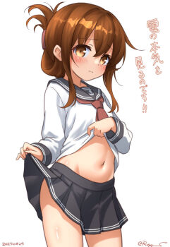 1girl black_sailor_collar black_skirt blush brown_eyes brown_hair clothes_lift cowboy_shot embarrassed folded_ponytail hair_ornament hairclip inazuma_(kancolle) kantai_collection lifting_own_clothes loli long_hair long_sleeves navel neckerchief pleated_skirt ray.s red_neckerchief sailor_collar school_uniform serafuku shirt shirt_lift skirt skirt_lift solo white_background white_shirt