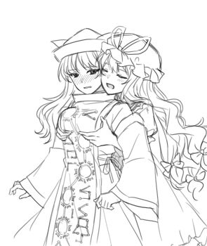 Rule 34 | 2girls, blush, bow, breasts, closed eyes, commentary request, constellation print, detached sleeves, dress, embarrassed, grabbing another's breast, grabbing from behind, greyscale, groping, hair bow, hat, hat ribbon, highres, long hair, matara okina, medium breasts, mob cap, mochigumo, monochrome, multiple girls, multiple hair bows, open mouth, ribbon, skirt, smile, sun print, tabard, touhou, very long hair, wide sleeves, yakumo yukari, yuri