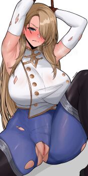 1girl absurdres armpits biting_own_lip black_thighhighs blue_eyes blush bodystocking bound bound_wrists breasts brown_dust_(series) brown_dust_2 captured earrings edmun6969 embarrassed eyebrows_hidden_by_hair full-face_blush gloves hair_over_one_eye highres jewelry large_breasts lips long_hair looking_at_viewer open_mouth pussy pussy_juice pussy_juice_trail shadow shirt simple_background sitting solo sweat thighhighs torn_bodystocking torn_clothes torn_gloves torn_shirt uncensored very_long_hair white_background white_gloves wilhelmina_(brown_dust)