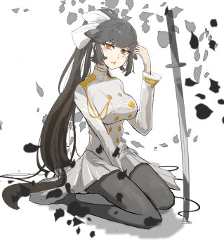 absurdres animal_ears azur_lane black_hair bow breasts brown_eyes dog_ears ears epaulettes hair_bow highres katana kneeling large_breasts long_hair looking_at_viewer military_uniform naval_uniform pantyhose parted_lips petals ponytail shadow simple_background skirt sword takao_(azur_lane) very_long_hair wart1076 weapon