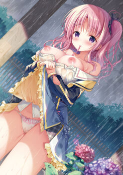 1girl absurdres black_jacket black_panties blue_skirt blush breasts breasts_out cameltoe clothes_lift cloud cloudy_sky cowboy_shot day dress_shirt dripping dutch_angle fence flower frilled_skirt frills frown hair_ornament hair_scrunchie hanahanamaki highres hydrangea izumi_kaori_(twinbox) jacket large_breasts lifting_own_clothes long_hair long_sleeves looking_at_viewer melonbooks nail_polish neck_ribbon nipples no_bra one_side_up open_clothes open_jacket open_shirt original outdoors own_hands_together panties parted_bangs parted_lips pink_hair pink_nails pink_ribbon purple_eyes rain ribbon scan school_uniform scrunchie see-through_clothes shirt skirt skirt_lift sky solo sweater_vest thighs underwear upskirt wavy_mouth wet wet_clothes wet_hair white_shirt wing_collar