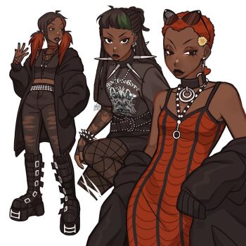 3girls barbell_piercing bead_necklace beads belt black_coat black_hair black_nails black_pants boots breasts brown_lips choker coat collar commentary dark-skinned_female dark_skin dreadlocks dress ear_piercing earrings english_commentary face_piercing fishnet_thighhighs fishnets gluca green_hair hair_ornament hairclip hand_in_pocket heart heart_earrings jewelry knee_boots lip_piercing long_hair midriff multicolored_hair multiple_earrings multiple_girls necklace o-ring o-ring_choker original pants piercing red_dress short_hair small_breasts spiked_collar spikes thighhighs torn_clothes torn_pants torn_sleeves twintails two-tone_hair very_dark_skin very_short_hair