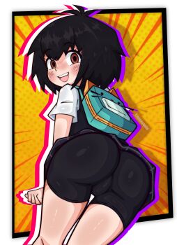 1girl absurdres ass backpack bag bike_shorts black_hair blush brown_eyes emmavania from_behind highres legs loli looking_at_viewer looking_back marvel medium_hair peni_parker school_uniform shirt shorts skirt sleeveless sleeveless_sweater solo spider-man:_into_the_spider-verse spider-man_(series) spider-verse standing sweater thighs