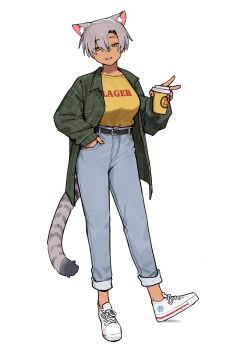 1girl absurdres animal_ear_fluff animal_ears belt black_belt black_nails breasts cat_ears cat_tail clothes_writing commentary cup dark-skinned_female dark_skin denim disposable_cup english_commentary full_body go!_go!_gris! green_jacket grey_hair hand_in_pocket highres holding holding_cup holding_with_gesture jacket jeans kara_(go!_go!_gris!) making-of_available no_socks pants parted_lips plaid_clothes plaid_jacket shoes short_hair simple_background smile sneakers solo tail v vertigris white_background white_shoes yellow_eyes