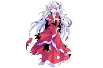 1girl alphes_(style) capelet commentary_request dairi defeat dress full_body hair_between_eyes hair_bobbles hair_ornament highres large_variant_set long_hair long_sleeves one_side_up parody parted_bangs red_capelet red_dress shinki_(touhou) solo style_parody tachi-e torn_clothes touhou touhou_(pc-98) transparent_background variant_set white_hair