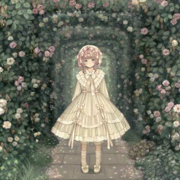 1girl a-line_dress accurate_lolita_coord arch bloomers bobby_socks bow bowtie brown_hair classic_lolita closed_mouth commentary_request dress dress_bow floral_arch flower footwear_bow frilled_dress frilled_shirt_collar frills full_body grey_eyes hat hat_bow highres lolita_fashion long_sleeves looking_at_viewer medium_hair mob_cap original outdoors pavement pink_bow pink_flower sasami_(shiroi_fuwafuwa) shoes sidelocks smile socks solo standing swept_bangs underwear wavy_hair white_bloomers white_bow white_bowtie white_dress white_flower white_hat white_shoes white_socks