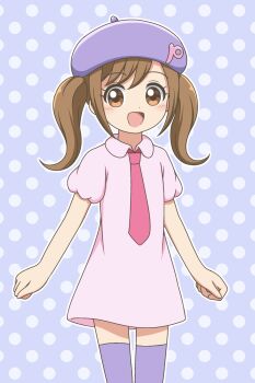 1girl :d bandai beret blush broadcaster_connection brown_eyes brown_hair clenched_hands cocotama_(series) collared_dress commentary company_connection cosplay cowboy_shot dot_nose dress hair_intakes hat highres kamisama_minarai:_himitsu_no_cocotama kato-shun long_hair looking_at_viewer necktie open_mouth pianitchi pianitchi_(cosplay) pink_dress pink_necktie polka_dot polka_dot_background puffy_short_sleeves puffy_sleeves purple_background purple_hat purple_thighhighs short_sleeves smile solo standing tamagotchi tamagotchi!_(anime) tamagotchi!_yume_kira_dream thighhighs tv_tokyo twintails yotsuba_kokoro