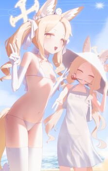 2girls absurdres animal_ears bare_shoulders bikini bird blonde_hair blue_archive blush chocowaffle choker closed_eyes collarbone double_v dress drill_hair elbow_gloves flat_chest fox_ears fox_tail gloves groin halo hat highres loli long_hair looking_at_viewer micro_bikini multiple_girls multiple_persona navel open_mouth parted_bangs prototype_design seia_(bikini)_(blue_archive) seia_(blue_archive) seia_(sundress)_(blue_archive) smile sun_hat sundress swimsuit tail thighhighs thighs twin_drills twintails v white_bikini white_choker white_dress white_gloves white_thighhighs yellow_eyes yellow_halo
