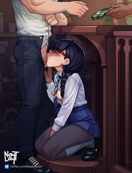 1boy 1girl between_breasts between_legs black_footwear black_pantyhose blue_necktie blue_skirt braid breasts breasts_out closed_eyes commentary deepthroat english_commentary fellatio full_body glasses hand_between_legs head_out_of_frame hetero highres kneeling layered_legwear long_hair money nayt_layt necktie necktie_between_breasts no_bra oral original pantyhose penis penis_out perky_breasts phryne_(nayt_layt) pleated_skirt public_indecency ribbed_legwear ribbed_socks school_uniform shirt shop single_braid skirt small_breasts socks socks_over_pantyhose solo_focus stealth_fellatio stealth_sex testicles throat_bulge uncensored under_table white_shirt