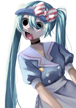 1girl aqua_hair black_choker black_eyes blue_hair bow choker commentary crazy dress empty_eyes hair_between_eyes hatsune_miku highres long_hair looking_ahead mesmerizer_(vocaloid) open_mouth sharp_teeth short_sleeves solo striped_bow teeth tongue tongue_out toro-osusi twintails upper_body upper_teeth_only very_long_hair visor_cap vocaloid white_background wide-eyed