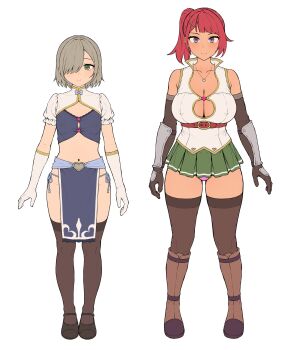 2girls arms_at_sides bad_tag belt boots breasts brown_footwear brown_gloves cleavage cleavage_cutout closed_mouth clothing_cutout elbow_gloves full_body gloves green_eyes green_skirt grey_hair hair_ornament hair_over_one_eye hairclip jewelry kono_(yuri_kotone_ero) large_breasts looking_at_viewer microskirt miniskirt multiple_girls navel necklace panties pelvic_curtain pink_panties pleated_skirt puffy_short_sleeves puffy_sleeves purple_eyes red_hair shirt short_hair short_sleeves side-tie_panties side_ponytail simple_background skirt smile standing takenoko_no_you thighhighs underwear white_background white_gloves