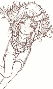 1girl akatsuki_(akatsukinotsuki) blush breasts commentary_request exhausted feet_out_of_frame gakuen_idolmaster greyscale hair_ornament hairclip highres idolmaster jacket long_hair monochrome nose_blush open_clothes open_jacket open_mouth parallel_hairclips shinosawa_hiro shorts simple_background sketch small_breasts solo sports_bra sweat track_jacket trembling very_sweaty white_background