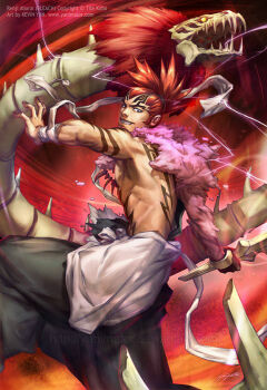 1boy abarai_renji bandaged_wrist bandages bleach bone commentary forehead_tattoo holding holding_sword holding_weapon kevin_yan male_focus medium_hair ponytail snake sword tattoo toned toned_male weapon widow&#039;s_peak zabimaru