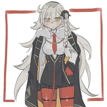 1girl ahoge black_coat blush bow braid breasts chain coat fate/grand_order fate_(series) frown fur_trim gloves hair_bow highres large_breasts long_hair necktie olga_marie_animusphere olga_marie_animusphere_(unbeast) orange_eyes pantyhose red_gloves red_pantyhose tamamocore very_long_hair white_hair