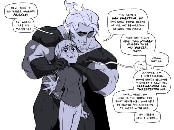 1boy 1girl abs biceps bodysuit commentary danny_phantom dark_danny english_commentary english_text facial_hair fire_hair flame_hair flaming_hair gloves goatee greyscale hands_on_another's_shoulders highres jasmine_fenton krossan long_hair long_sleeves manly mature_male monochrome multicolored_bodysuit muscular muscular_arms muscular_male nervous nervous_smile nervous_sweating pants pointy_ears ponytail red_eyes shirt smile smug smug standing sweat talking teeth threat threatening tight_clothes waving