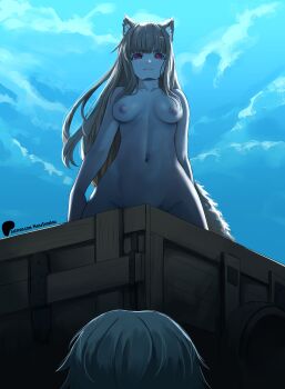 1boy 1girl absurdres animal_ears breasts brown_hair completely_nude highres holo long_hair manasenshou night night_sky nipples nude red_eyes sky spice_and_wolf tail wolf_ears wolf_girl wolf_tail