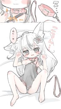 1boy 1girl absurdres animal_ears blush_stickers commentary_request flower fox_ears fox_girl fox_tail grey_eyes hair_flower hair_ornament highres iya4160 loli low_wings nemesis_(vrchat) simple_background sketch speech_bubble tail translation_request vrchat white_background white_hair wings