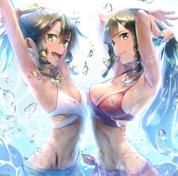 2girls absurdres arm_up armpits bikini black_hair bracer braid breasts brown_eyes closed_mouth commentary dark-skinned_female dark_skin dungeon_ni_deai_wo_motomeru_no_wa_machigatteiru_darou_ka hair_ornament hair_tie hair_tubes hairclip halterneck hand_on_own_arm hands_in_hair highleg highleg_bikini highres jewelry long_hair looking_at_viewer medium_breasts mismatched_bikini multiple_girls navel neck_ring noshiro_tomoya open_mouth red_bikini red_sarong sarong short_hair siblings side_braids sisters small_breasts smile standing swimsuit sword_oratoria tiona_hyryute tione_hyryute tying_hair wading water_drop wet white_bikini