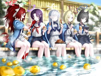 5girls ahoge animal_ear_fluff animal_ears ayame_(blue_archive) blonde_hair blue_archive blue_bow blue_halo blue_haori blue_neckerchief blue_sailor_collar blue_skirt blush book bow cat_ears cat_girl cat_tail closed_eyes closed_mouth commentary_request dragon_girl dragon_tail food food_in_mouth forehead hair_bow hair_ornament halo haori high-waist_skirt holding holding_book holding_food holding_ice_cream holding_skewer horns hyakkaryouran_(blue_archive) ice_cream japanese_clothes kikyou_(blue_archive) kuinanoda long_hair multiple_girls multiple_tails nagusa_(blue_archive) neckerchief onsen open_mouth pleated_skirt ponytail purple_eyes purple_hair purple_halo red_eyes red_hair red_halo red_neckerchief renge_(blue_archive) sailor_collar school_uniform serafuku shirt short_hair single_horn sitting skewer skirt snowflake_hair_ornament soaking_feet tail two_tails white_bow white_hair white_halo white_sailor_collar white_shirt white_skirt yakitori yukari_(blue_archive)