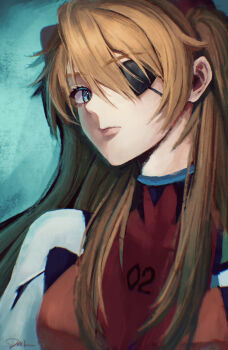 1girl absurdres blue_background blue_eyes bodysuit breasts brown_hair closed_mouth commentary_request dai_(maku57979607) expressionless eyepatch hair_between_eyes highres long_hair looking_at_viewer mecha_pilot_suit medium_breasts neon_genesis_evangelion one_eye_covered plugsuit_(evangelion) procreate_(medium) rebuild_of_evangelion red_bodysuit signature solo souryuu_asuka_langley upper_body