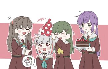 4girls :d adjusting_another&#039;s_clothes adjusting_clothes adjusting_headwear aqua_neckerchief brown_dress brown_hair cake chocolate_cake closed_mouth commentary dress facing_another food fruit fujishima_megumi green_eyes green_hair hair_ornament hairclip hasu_no_daisankaku hasu_no_sora_school_uniform hat holding holding_cake holding_food holding_plate laughing link!_like!_love_live! long_hair long_sleeves looking_at_another love_live! low_ponytail medium_dress multiple_girls neckerchief official_alternate_hairstyle ogami_sachi open_mouth otomune_kozue outline parallel_hairclips party_hat pink_eyes pink_outline plate pleated_dress pointing ponytail print_hat purple_hair raised_inner_eyebrows red_background red_hat sailor_collar sailor_dress school_uniform sidelocks simple_background smile sparkle split_mouth star_(symbol) star_print strawberry symbol-only_commentary two_side_up virtual_youtuber white_sailor_collar winter_uniform yellow_neckerchief yugiri_tsuzuri zueka27