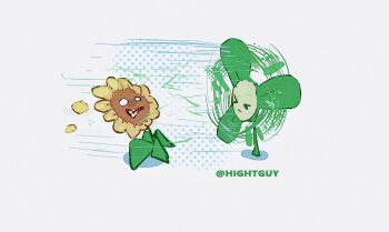 &gt;_&lt; :| artist_name blank_eyes blover_(plants_vs._zombies) chinese_commentary closed_eyes closed_mouth commentary_request face-to-face facing_another film_grain flower grey_background halftone halftone_background hightguy leaf looking_at_another motion_lines no_humans open_mouth plant plants_vs._zombies shadow simple_background sunflower sunflower_(plants_vs._zombies) teeth wind yellow_petals