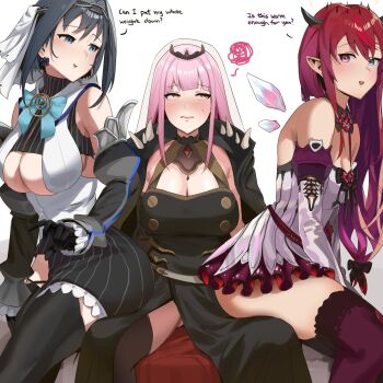 3girls absurdres black_gloves blue_eyes blue_hair blush bow bow_earrings breasts chain chain_headband cleavage clothing_cutout crystal_wings detached_sleeves double_halo dress earrings english_text gloves hair_intakes halo heterochromia highres hololive hololive_english horns irys_(hololive) irys_(irys_2.0)_(hololive) jewelry large_breasts long_hair medium_breasts mori_calliope mori_calliope_(1st_costume) multicolored_hair multiple_girls open_mouth ouro_kronii ouro_kronii_(1st_costume) pink_eyes pink_hair pointy_ears purple_hair red_eyes red_hair short_hair shoulder_spikes simple_background sitting spiked_cape spikes star_halo streaked_hair tanukidraws thighhighs thighs tiara very_long_hair virtual_youtuber white_background wings yuri