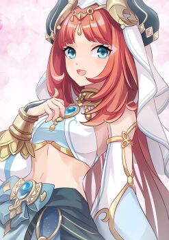 1girl 440_(straight440) :d absurdres bare_shoulders blue_eyes brooch commentary_request crop_top detached_sleeves fake_horns genshin_impact hand_up highres horns jewelry long_hair long_sleeves looking_at_viewer midriff navel neck_ring nilou_(genshin_impact) open_mouth red_hair skirt smile solo stomach upper_body veil very_long_hair