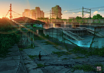 abandoned animal black_cat blue_sky building cat cloud commentary_request dilapidated fence flood hammerhead_shark highres light_rays moss no_humans original outdoors overgrown post-apocalypse power_lines ruins scenery sky sunrise tokyo_(city) tokyogenso utility_pole water waterfall