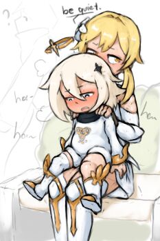 1futa 1girl ? blonde_hair blush crown dress english_text fingerless_gloves flower flower_on_head full-face_blush futa_with_female futanari genshin_impact gloves hair_ornament hands_on_another&#039;s_shoulders highres implied_futanari implied_sex loli long_sleeves lumine_(genshin_impact) maximumpingas paimon_(genshin_impact) reverse_upright_straddle sex sex_from_behind short_hair sitting sitting_on_lap sitting_on_person star_(symbol) star_hair_ornament stealth_sex thighhighs thighs tiara triquetra white_background white_dress white_hair yellow_eyes