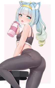 1girl absurdres animal_ear_fluff animal_ears ass blue_hair breasts highres holding jelly_hoshiumi multicolored_hair phase_connect sleepypudding small_breasts solo sports_bra tongue tongue_out virtual_youtuber