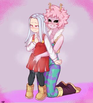 2girls absurdres age_difference artist_name ashido_mina black_sclera blush boku_no_hero_academia boots clenched_teeth colored_sclera colored_skin commission crying crying_with_eyes_open dress drooling eri_(boku_no_hero_academia) female_focus fingering fingering_through_clothes full_body grin hair_intakes heart heart-shaped_pupils highres horns kneeling loli long_hair mask molestation motion_blur multiple_girls onee-loli orange_eyes pink_eyes pink_hair pink_skin pussy_juice pussy_juice_stain reach-around red_dress saliva short_hair single_horn smile standing symbol-shaped_pupils tearing_up tears teeth through_clothes toku69 yuri