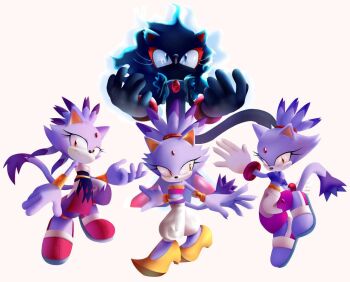 4girls animal_ears animal_nose arabian_clothes bare_shoulders black_fur blaze_the_cat blaze_the_cat_(beta_design) blue_eyes bracelet cat_ears cat_girl cat_tail chaosc0ntr0l commentary crop_top english_commentary eyelashes fire flame_print forehead_jewel furry furry_female gem gloves gold_bracelet jewelry looking_at_viewer multiple_girls pants pelvic_curtain pink_shoes ponytail purple_fur purple_shirt pyrokinesis red_gemstone red_shoes shadow shirt shoes sonic_(series) tail white_gloves white_pants yellow_eyes yellow_shoes