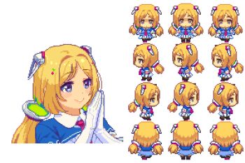 1girl aki_rosenthal aki_rosenthal_(1st_costume) alpha_transparency ascot blonde_hair blue_eyes detached_hair elbow_gloves gloves hololive own_hands_together pixel_art pleated_skirt red_ascot skirt smile sprite_art sprite_sheet tengu_nouzu thighhighs virtual_youtuber white_gloves