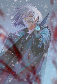1boy absurdres aiming aiming_at_viewer black_coat black_jacket black_necktie blood closed_mouth coat collared_shirt commentary english_commentary eyelashes floating_hair glasses glock gloves green_eyes grey_hair gun hair_between_eyes hand_up handgun high_collar highres holding holding_gun holding_weapon jacket lapels long_sleeves looking_at_viewer male_focus medium_hair necktie on_(onon2659) open_clothes open_coat original popped_collar pov revision round_eyewear serious shirt sidelocks snowing solo tie_clip weapon white_shirt wing_collar