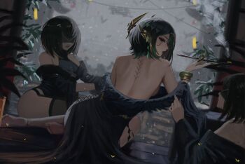 3girls alternate_costume back bare_shoulders barefoot black_lips claws commentary eye_tattoo genshin_impact green_hair highres holding holding_smoking_pipe kiseru looking_at_viewer looking_back multiple_girls nefer_(genshin_impact) neo_(neorarty3) off_shoulder short_hair sitting smoking_pipe soles tagme tattoo yokozuwari
