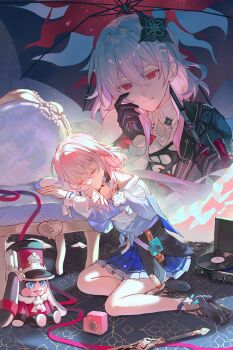 1other 2girls absurdres arm_rest black_dress black_flower black_gloves black_umbrella blue_jacket boots camera chair closed_eyes closed_mouth commentary dress dual_persona english_commentary evernight_(honkai:_star_rail) flower full_body gloves hair_between_eyes hair_flower hair_ornament head_rest high_heel_boots high_heels highres holding holding_own_hair holding_umbrella honkai:_star_rail honkai_(series) jacket kanangnsn long_hair long_sleeves looking_at_another march_7th_(honkai:_star_rail) march_7th_(preservation)_(honkai:_star_rail) medium_hair multiple_girls official_alternate_eye_color on_floor phonograph pink_hair pom-pom_(honkai:_star_rail) red_eyes revision shirt sitting skirt sleeping smile sword tied_jacket umbrella weapon white_shirt yokozuwari