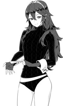 1girl adjusting_clothes adjusting_gloves ameno_(a_meno0) brand_of_the_exalt fingerless_gloves fire_emblem fire_emblem_awakening gloves greyscale hair_between_eyes long_hair lucina_(fire_emblem) monochrome nintendo panties ribbed_panties ribbed_sweater smile solo sweater tiara underwear