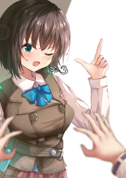 Rule 34 | 2girls, absurdres, aoi erika, aqua eyes, black hair, blue bow, blue bowtie, blurry, blush, bow, bowtie, breasts, brown vest, buttons, commentary request, cowboy shot, depth of field, double-breasted, female pov, hair between eyes, hand up, hands up, heaven burns red, highres, index finger raised, kayamori ruka, large breasts, looking at viewer, medium hair, multiple girls, one eye closed, open mouth, plaid clothes, plaid skirt, pov, puff of air, red skirt, shirt, simple background, skirt, solo focus, tatika714, v-shaped eyebrows, vest, white background, white shirt