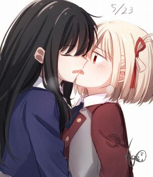 2girls black_hair blonde_hair blue_dress blue_ribbon closed_eyes commentary dated dress hair_ribbon highres inoue_takina kage_ochi long_hair lycoris_recoil lycoris_uniform multiple_girls neck_ribbon nishikigi_chisato one_side_up open_mouth red_dress red_eyes red_ribbon ribbon short_hair simple_background upper_body white_background yuri