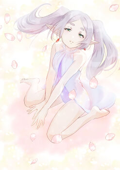 1girl absurdres alternate_costume anpan_(nekonopunch) bare_shoulders barefoot commentary_request earrings elf falling_petals frieren full_body green_eyes grey_hair highres jewelry long_hair looking_at_viewer one-piece_swimsuit parted_bangs parted_lips petals pointy_ears purple_one-piece_swimsuit sitting solo sousou_no_frieren swimsuit teardrop_earrings twintails wariza