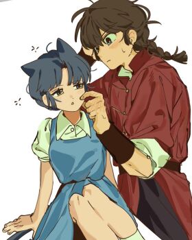 1boy 1girl animal_ears blue_hair braid braided_ponytail cat_ears cat_girl cat_tail chinese_clothes fuurinkan_high_school_uniform hashtag-only_commentary hetero jay_03010 ranma_1/2 saotome_ranma school_uniform short_hair socks tail tangzhuang tendou_akane white_socks