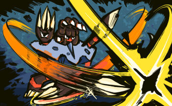 barbaracle claws commentary cross_chop_(pokemon) crossed_arms english_commentary full_body gen_6_pokemon glint ishmam motion_blur nintendo no_humans pokemon pokemon_(creature) pokemon_focus pokemon_move