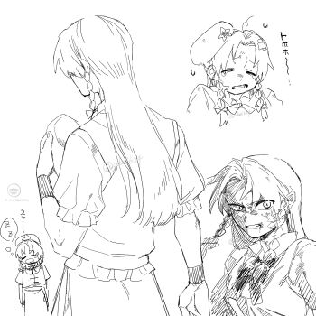 Rule 34 | 1girl, bandaid, bandaid on head, beret, blood, blood from mouth, blush, bow, bowtie, braid, clenched teeth, closed eyes, commentary request, crossed bandaids, facing away, from behind, greyscale, hat, highres, holding, holding unworn clothes, holding unworn hat, hong meiling, monochrome, multiple views, pointy ears, sleeping, spoken zzz, squeans, teeth, touhou, translation request, twin braids, ukei624, unworn hat, unworn headwear, zzz