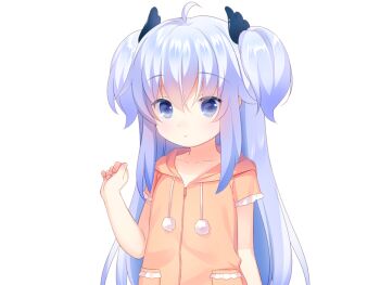 1girl ahoge blue_eyes blue_hair closed_mouth collarbone drawstring game_cg hair_between_eyes hand_up harem_futago_lolita hood hood_down hoodie large_variant_set long_hair looking_at_viewer non-web_source orange_hoodie orange_pajamas pajamas pom_pom_(clothes) short_sleeves sidelocks simple_background solo sunao_(harem_futago_lolita) tachi-e transparent_background two_side_up usashiro_mani variant_set