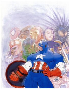 Rule 34 | 1995, 1girl, armor, belt, blackheart (marvel), capcom, captain america, colored skin, gloves, green skin, helmet, hulk, iron man, iron man (series), juggernaut (x-men), long hair, magneto, marvel, marvel super heroes, multiple boys, official art, psylocke, retro artstyle, shield, shuma gorath, spider-man, spider-man (series), wolverine (x-men), x-men, yasuda akira